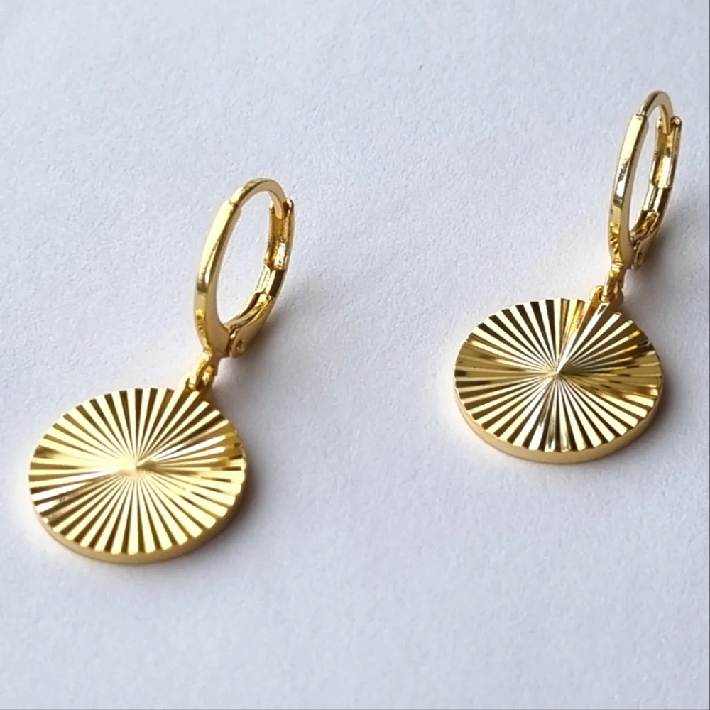 Earrings | Gold Toned | Round, Textured Sunburst | Huggies Hoop Drop Style. ๐ - Picture 13 of 16